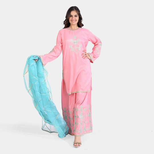 Teen Girls Raw Silk 3Pcs Suit Noor Jahan-Pink