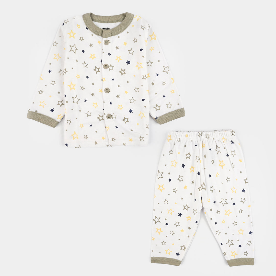 Infant Front Open Suit (Star) - White/Olive Green