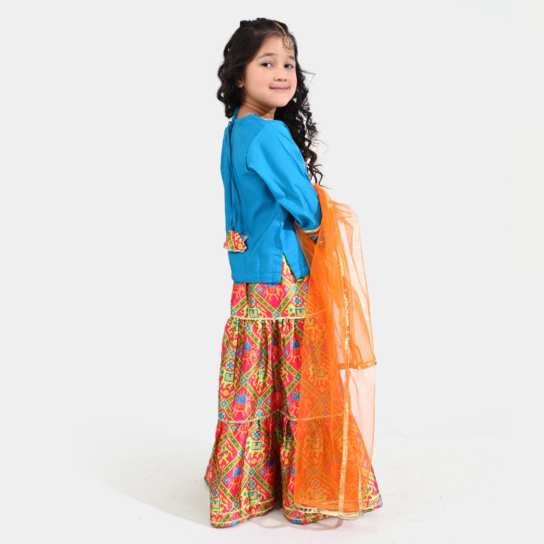 Girls Raw Silk 3Pcs Khayyal-Teal blue