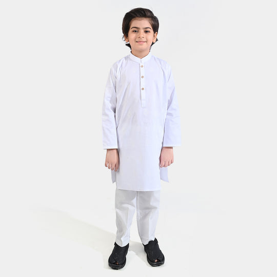 Boys Cotton Poplin Printed Kurta (White Screen Print)-White