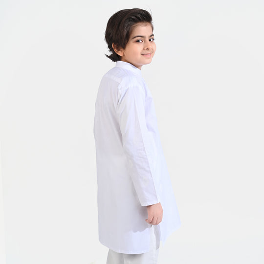 Boys Cotton Poplin Printed Kurta (White Screen Print)-White