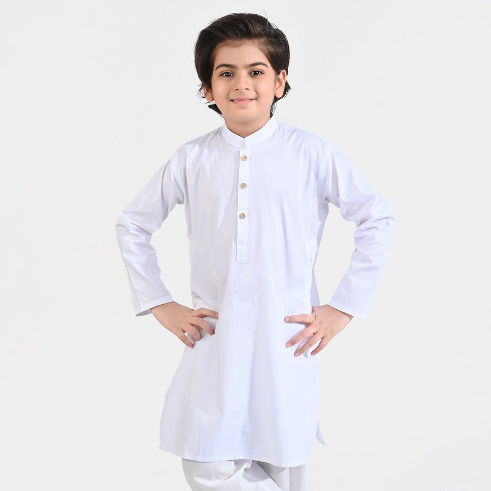 Boys Cotton Poplin Printed Kurta (White Screen Print)-White