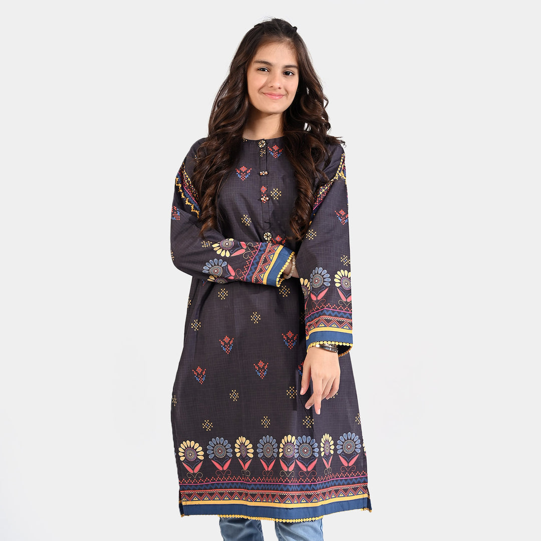 Teen Girls Cotton Poplin Printed Kurti Cross Stitch Art-BLACK