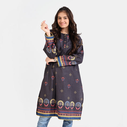 Teen Girls Cotton Poplin Printed Kurti Cross Stitch Art-BLACK