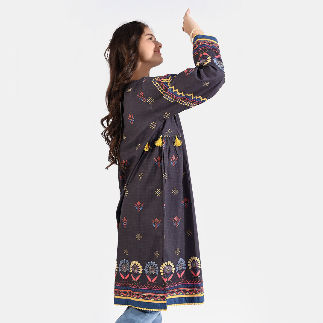 Teen Girls Cotton Poplin Printed Kurti Cross Stitch Art-BLACK