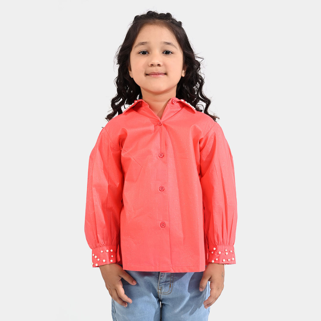 Girls Cotton Casual Top Pearls-Coral