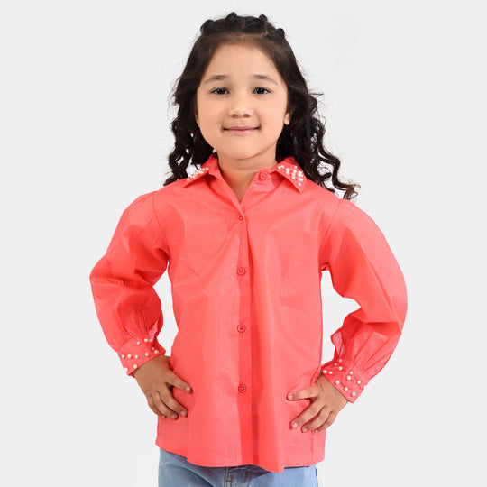 Girls Cotton Casual Top Pearls-Coral