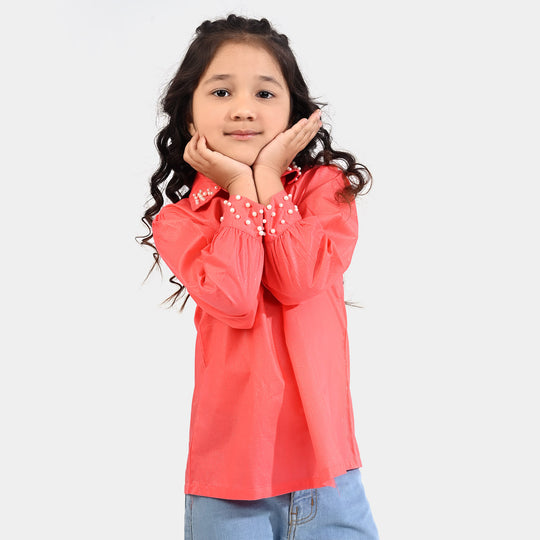 Girls Cotton Casual Top Pearls-Coral