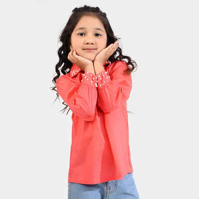 Girls Cotton Casual Top Pearls-Coral