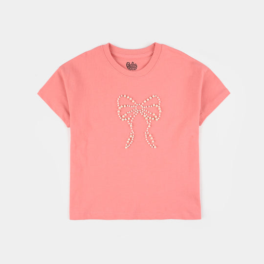 Girls Jersey/Terry T-Shirt (Pearls Bow) - Peach