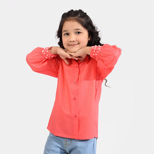 Girls Cotton Casual Top Pearls-Coral