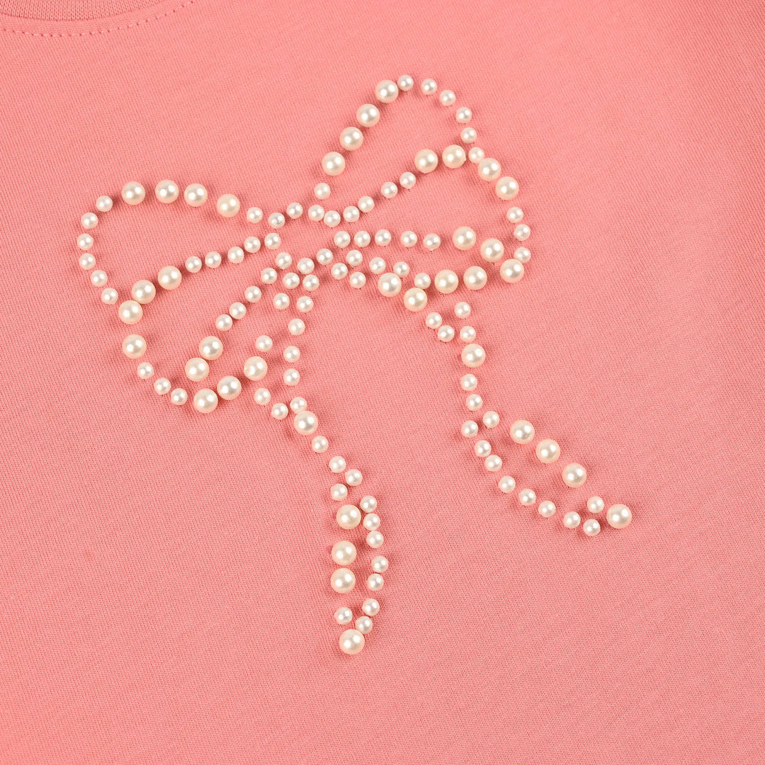 Girls Jersey/Terry T-Shirt (Pearls Bow) - Peach