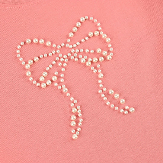 Girls Jersey/Terry T-Shirt (Pearls Bow) - Peach
