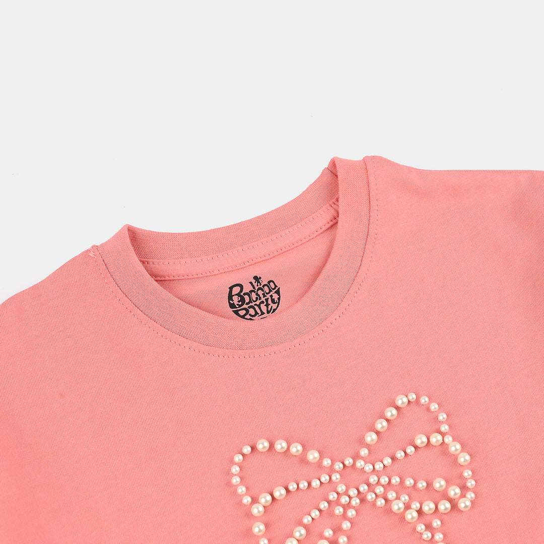 Girls Jersey/Terry T-Shirt (Pearls Bow) - Peach