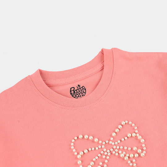 Girls Jersey/Terry T-Shirt (Pearls Bow) - Peach