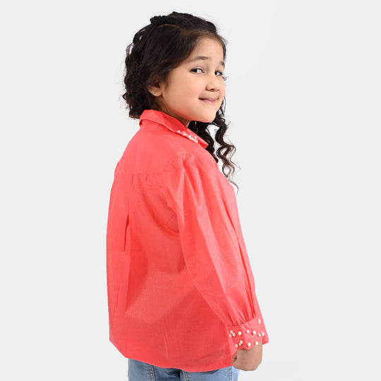 Girls Cotton Casual Top Pearls-Coral