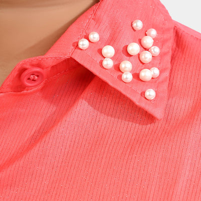 Girls Cotton Casual Top Pearls-Coral