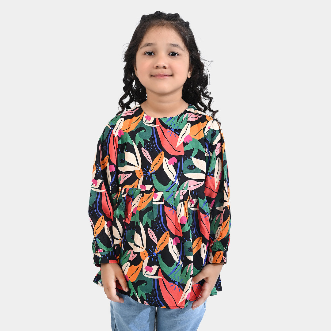 Girls Viscose Casual Top Leaves-Multi