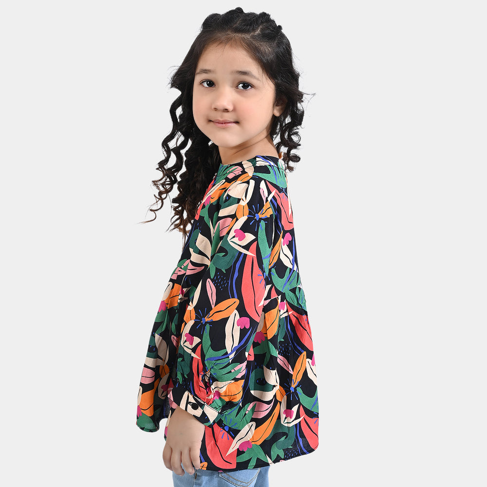 Girls Viscose Casual Top Leaves-Multi