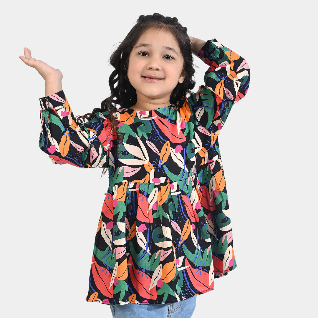 Girls Viscose Casual Top Leaves-Multi