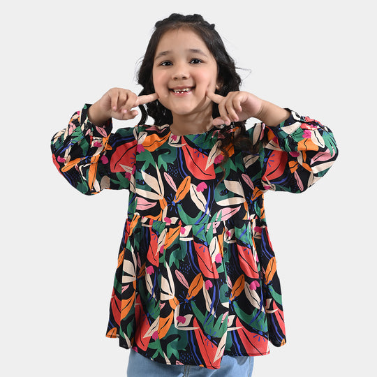 Girls Viscose Casual Top Leaves-Multi