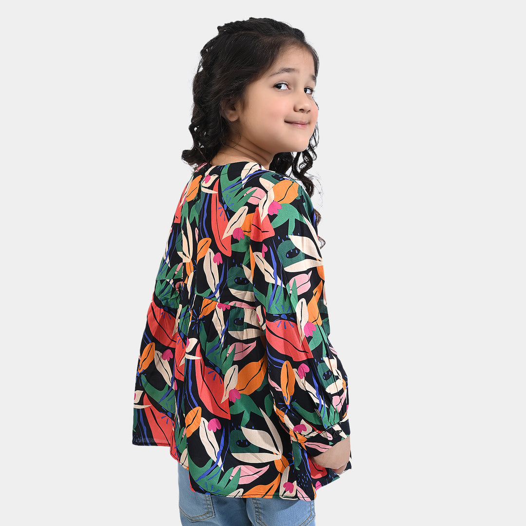 Girls Viscose Casual Top Leaves-Multi