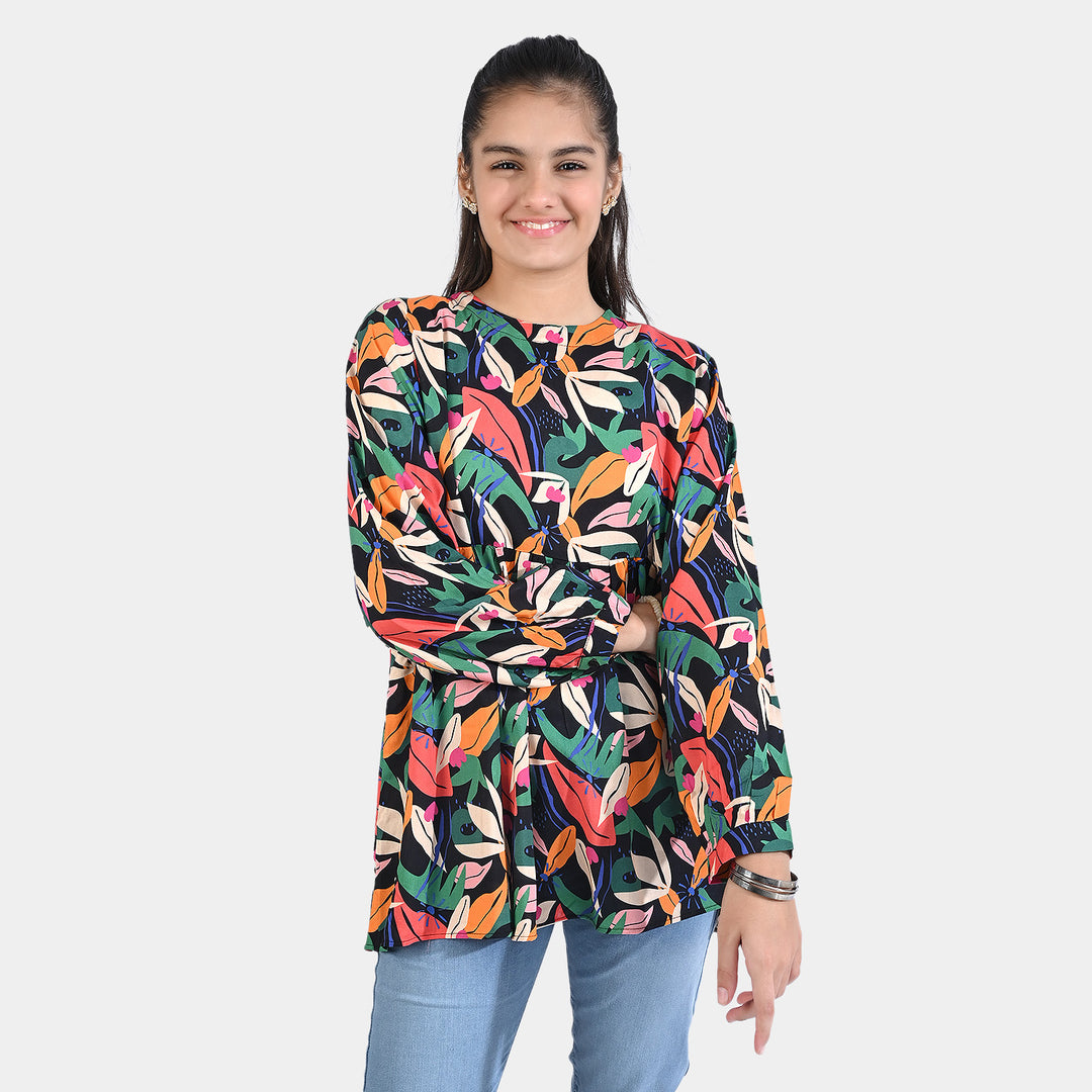 Teens Girls Viscose Casual Top Leaves-Multi