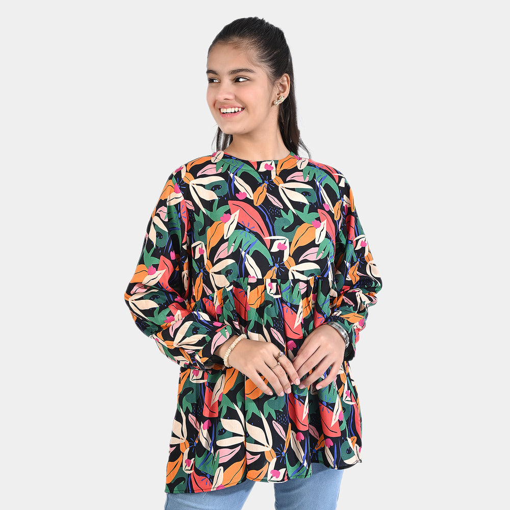 Teens Girls Viscose Casual Top Leaves-Multi