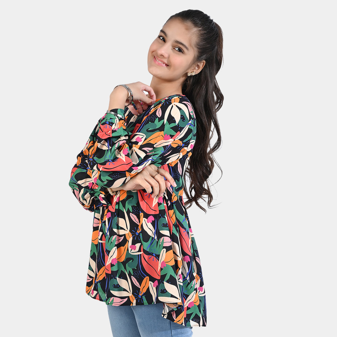 Teens Girls Viscose Casual Top Leaves-Multi