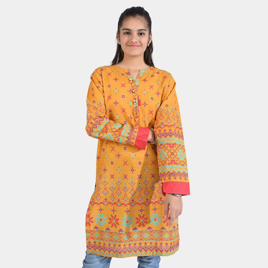 Teens Girls Cotton Slub Printed Kurti Kali-Mustard