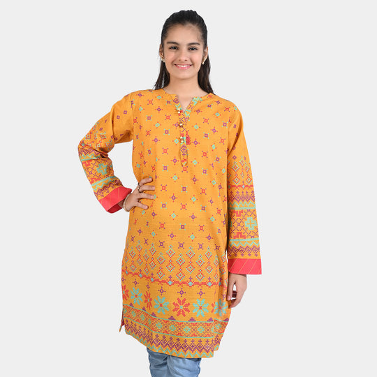 Teens Girls Cotton Slub Printed Kurti Kali-Mustard