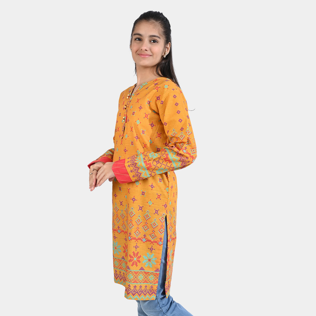 Teens Girls Cotton Slub Printed Kurti Kali-Mustard