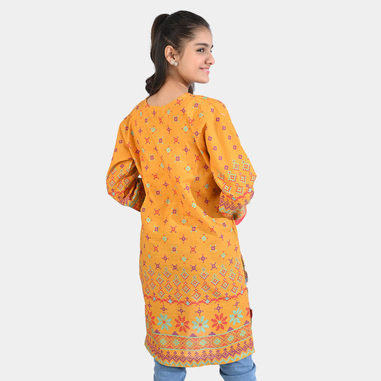 Teens Girls Cotton Slub Printed Kurti Kali-Mustard