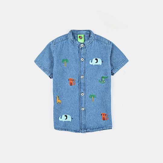 Infant Boys Denim rigid Shirt H/S Animal-Mid Blue