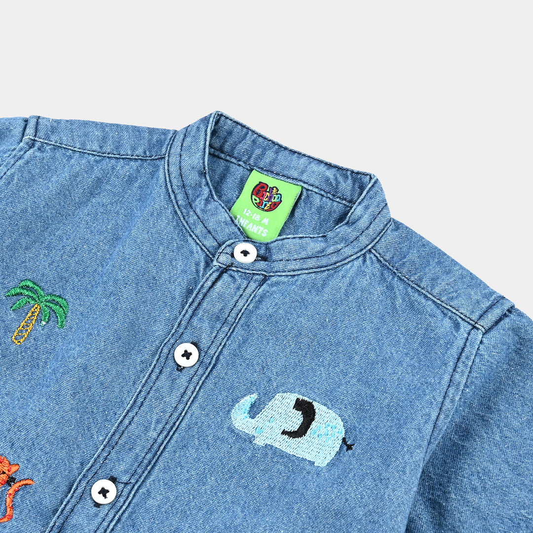 Infant Boys Denim rigid Shirt H/S Animal-Mid Blue