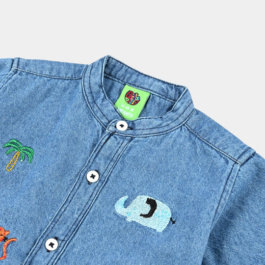 Infant Boys Denim rigid Shirt H/S Animal-Mid Blue