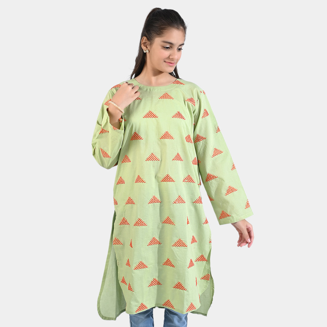 Teens Girls Cotton EMB Kurti High Low-G.Green