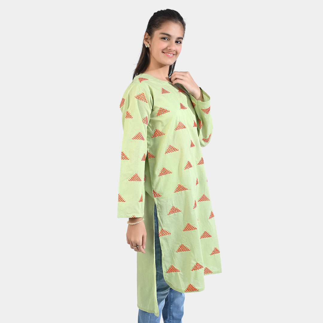 Teens Girls Cotton EMB Kurti High Low-G.Green