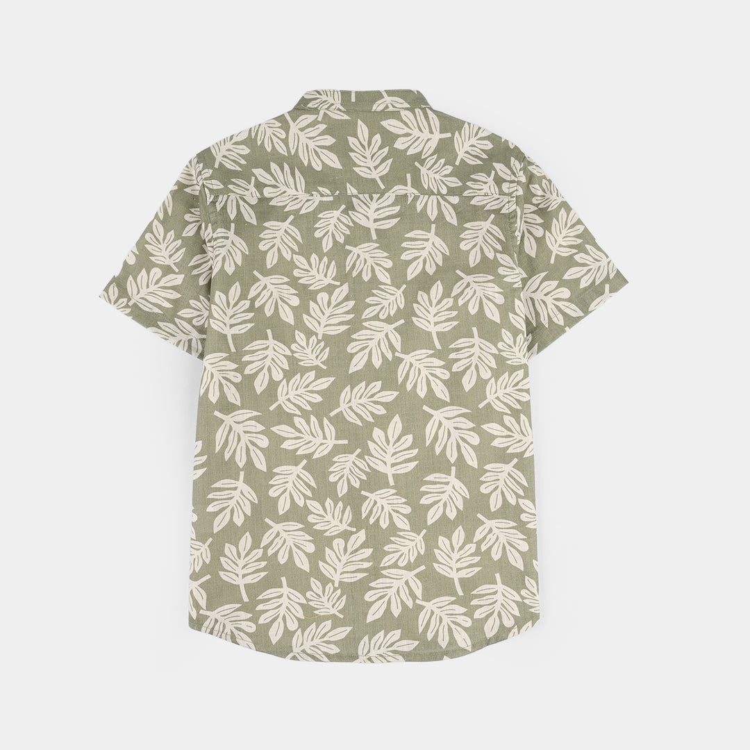Boys Cotton Slub Shirt (Tropical Leaf) - Green