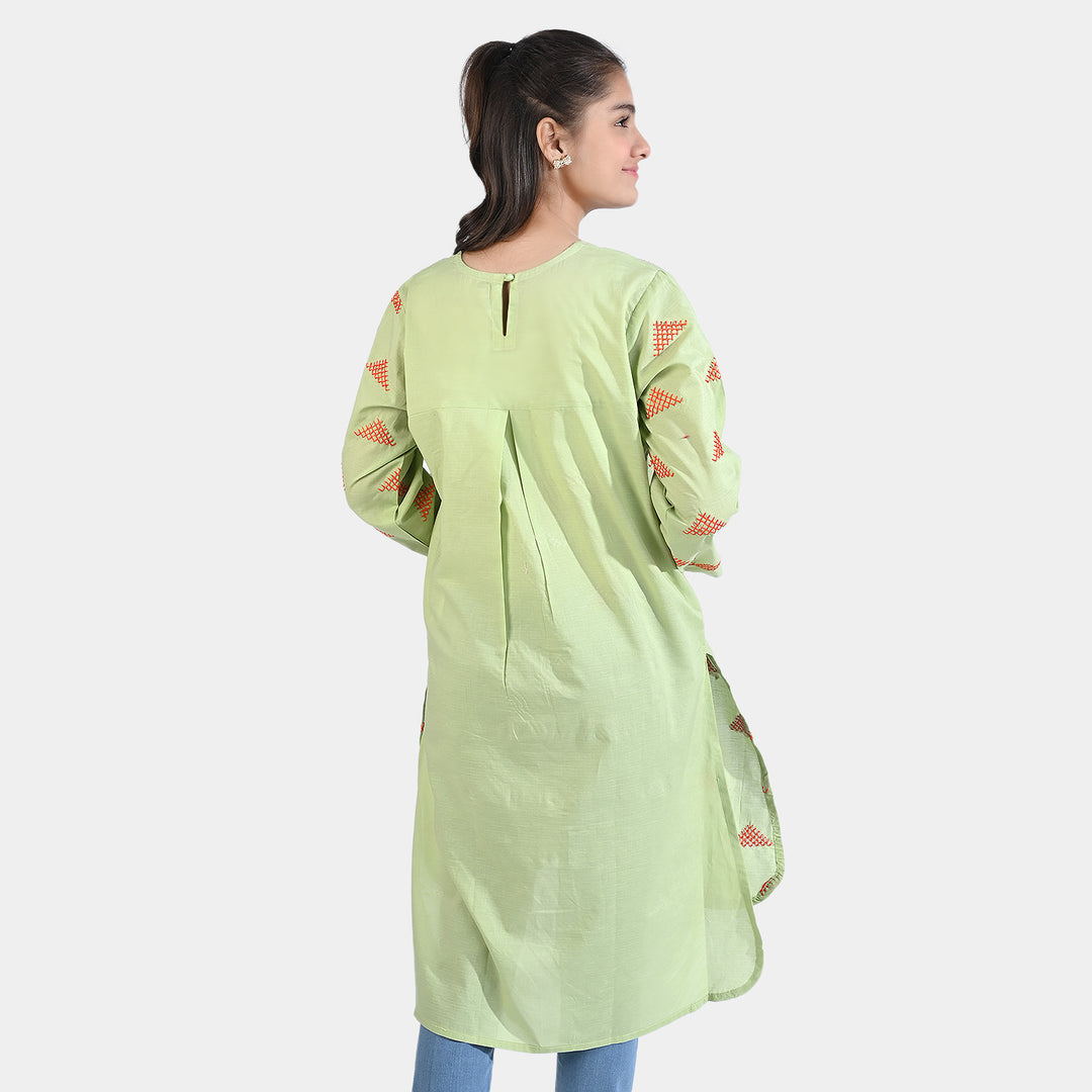 Teens Girls Cotton EMB Kurti High Low-G.Green