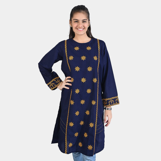 Teens Girls Dobby EMB Kurti Meerub-Navy Blue