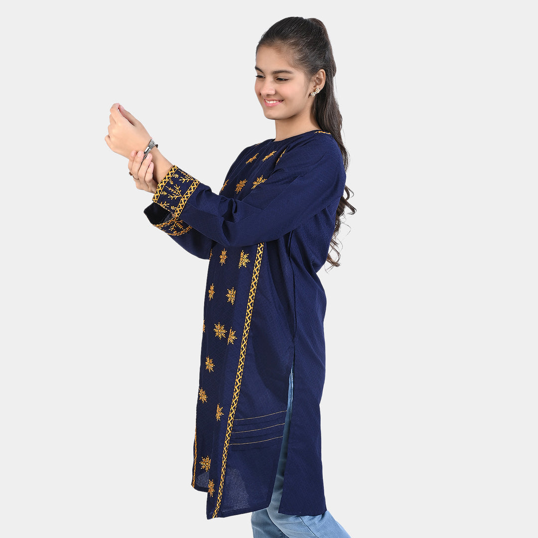 Teens Girls Dobby EMB Kurti Meerub-Navy Blue