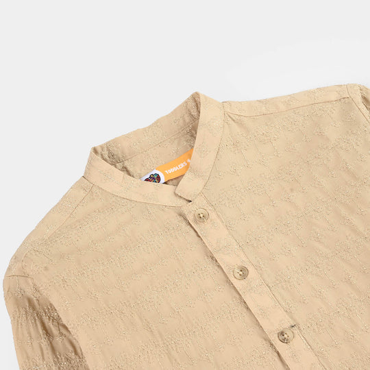 Boys Cotton Poplin Kurta Pajama (Chicken Kari) - Beige