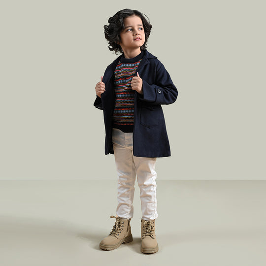 Boys Wool Trench Coat-Navy Blue