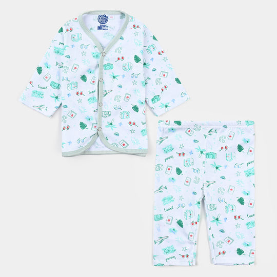 Infant Unisex Night Suit-White/Green|6-12M