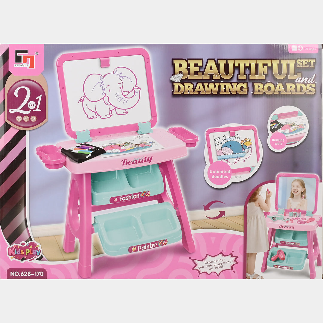 2-in-1 Beautiful Vanity Set & Drawing Board Easel