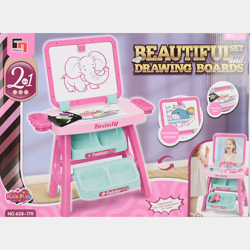2-in-1 Beautiful Vanity Set & Drawing Board Easel