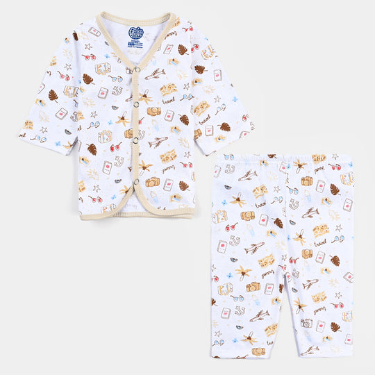 Infant Unisex Night Suit-White/Brown|6-12M