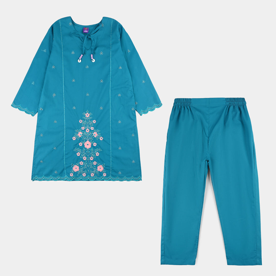 Girls Cotton Embroidery 2Pcs (Safa) - Turquoise