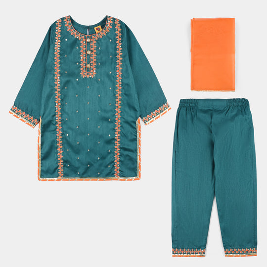 Girls Raw Silk 3Pcs (Naqsh) - Teal blue